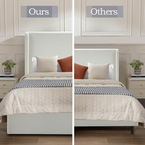 Queen 54" Tall Headboard Carmen Wingback Upholstered Platform Bed Frame Premium Canvas Chenille Elegant Simplicity for Bedroom No Box Spring Needed Easy Assembly No Noise Textured Ivory