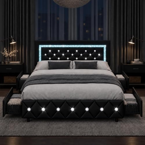 BarnFurin King Size Bed Frame with LED Headboard and Storage Drawers,Black