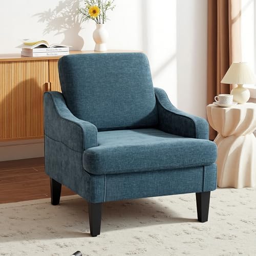 Accent Chair for Living Room,Mid-Century Arm Chair Fabric Living Room Chairs,Upholstered Reading Chair for Bedroom,Single Sofa Chair with Wood Legs for Apartment (1, Chenille Blue)