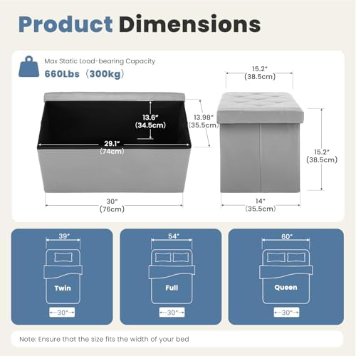 DUMOS 30 Inch Foldable Storage Ottoman Bench, Large Ottoman with Storage