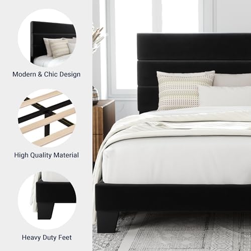 Allewie Full Size Platform Bed Frame with Velvet Upholstered Headboard