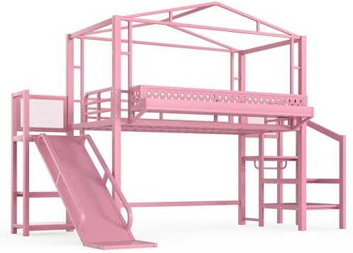 Bellemave Twin Size Metal House Loft Bed with Slide and Stairs,Heavy Duty Playhouse Loft Bed Frame with Shelves,LED Lights and Charging Station for Kids,Teens,Adults,Pink