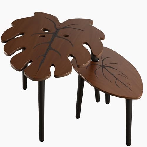 BAMEOS Monstera Leaf Nesting Tables Set of 2, Small Side Tables f Set with Leaf Vein Pattern, Modern Wooden CoffeeTables for Living Room Bedroom Apartment Balcony Yard