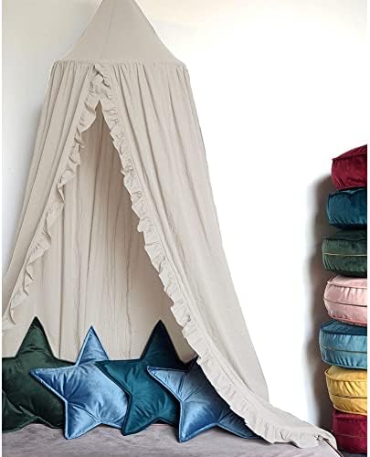 Bed Canopy with Frills Reading Nook Game Tent for Kids Boho Hanging Net Play Room Decor(Beige)