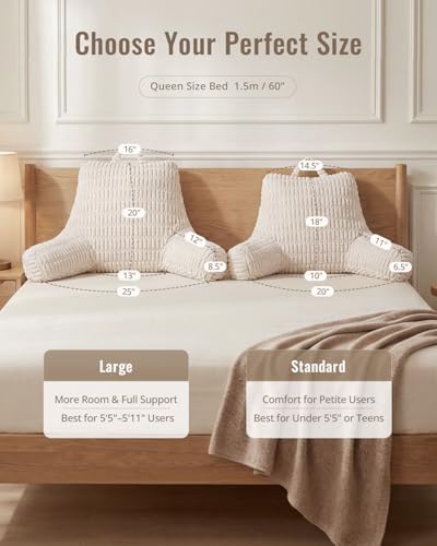 Blissful Diary Reading Pillow, Large Backrest Pillow with Shredded Memory Foam for Adult & Children, Designed for Bed and Couch Sitting Up, Includes Arms, Pockets and Washable Cover, Off White