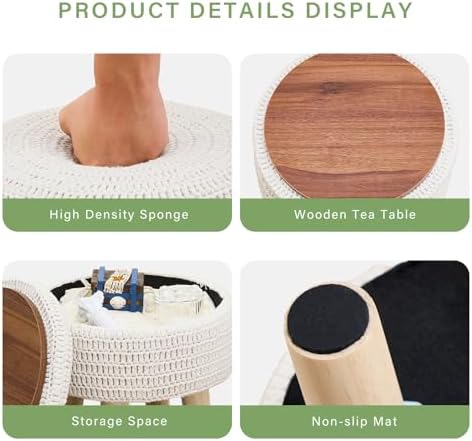 13" Round Handmade Cotton Knitted Boho Small Storage Ottoman with Wood Legs
