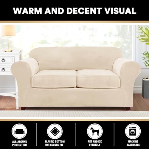 PrinceDeco Velvet Couch Cover Loveseat Covers for 2 Cushion Couch 3 Piece Sofa Covers for Dogs Washable Loveseat Covers Width Up to 72 Inch No Slip Stretch Sofa Slipcover(Medium, Cream)