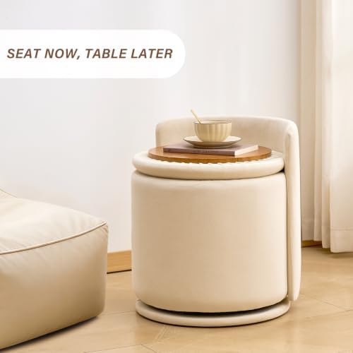 360° Swivel Makeup Chair with Storage, Upholstered Accent Stool with Back, Round Vanity Stool Ottoman for Living Room, Makeup Room, Bedroom (Cream)
