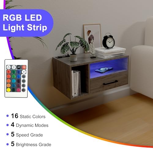 Homaterial Floating Nightstand with Lights, Grayish Brown