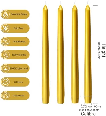 Everymoment Gold Taper Candles - 24 Pack 10 Inch Candlesticks - Dripless & Smokeless for 8 Hours - Unscented Paraffin Wax - Ideal for Wedding Christmas Anniversary New Year's Eve & Luxury Decor