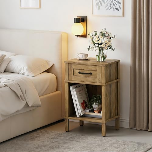 Small Brown Night Stand,Rustic End Table,Wood Nightstand with Drawer