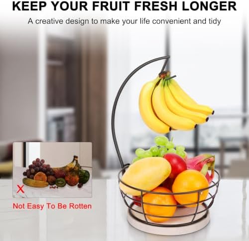 Livabber Countertop Fruit Basket Bowl with Banana Hanger, Modern Standing Fruit Vegetable Bowl Storage, with Banana Tree Holder for Kitchen Dinning Table (Round Marble, Black)
