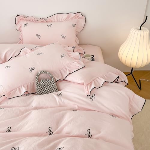 LifeTB Pink Bowknot Duvet Cover King Princess Style Ruffle Bedding Set, Soft Breathable Pink Bow Duvet Cover with 2 Pillowcases, Romantic Ruffle Comforter Cover Floral Bowknot Bedding Set King