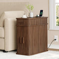 ONBRILL Fluted End Table with Charging Station, Narrow Side Table with Drawers, Wood Skinny Nightstand with Storage, Mid-Century Modern Bedside Tables for Small Space Living Room Bedroom Sofa Couch