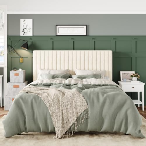 Allewie Full Bed Frame, Upholstered Platform Bed with Adjustable Vertical Channel Tufted Headboard, Mattress Foundation with Strong Wooden Slats, Box Spring Optional, Easy Assembly, Cream White