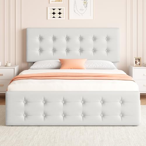 IDEALHOUSE Full Size Bed Frame with 4 Storage Drawers and Headboard, Beige