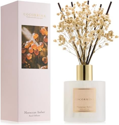 COCORRÍNA Reed Diffuser - Moroccan Amber 6.7 Fl.oz Reed Diffuser Set with Sticks & Preserved Baby's Breath, Reed Diffuser for Home Bathroom Shelf Decor