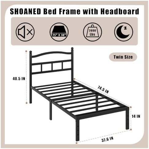 14 Inch Metal Bed Frame - Twin Size Heavy Duty Bedframe with Headboard Black Basic Steel Slats Platform No Box Spring Needed/Easy Assembly/Noise Free