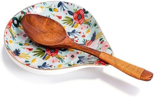 Ceramic Spoon Rest for Stove Top, 5 inch Gold Trim Spoon Holder for Kitchen Counter, Farmhouse Cooking Utensil Holder for Spoons, Ladles, Spatula, Mint Flowers