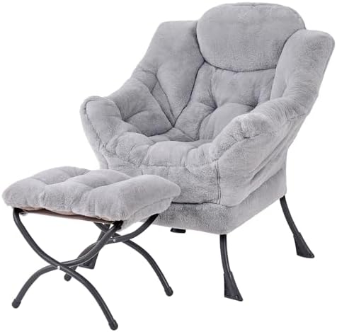 Welnow Lazy Chair with Ottoman, Reading Chair with Footrest, Grey