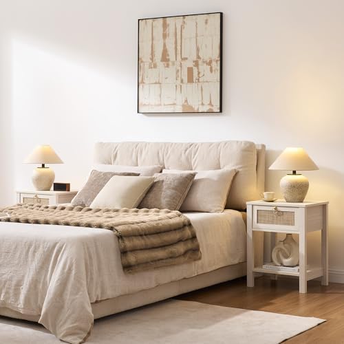 SICOTAS White Rattan Nightstand Set of 2 with Storage Shelf, Bedside Tables