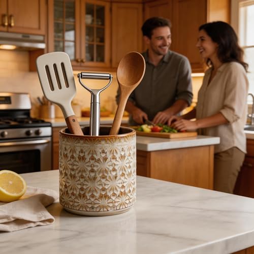 Utensil Holder Utensil Crock Rustic Embossed Ceramic Kitchen Utensil Holder – Farmhouse Decorative Countertop Organizer for Cooking Tools, Flowers, Coffee Pods, 5.3”x5.3” Vintage Beige