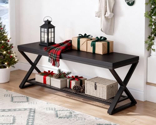 LVB Black Oak Bench, Industrial Entryway Bench with Storage, 47 Inch