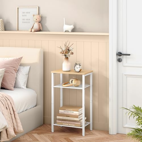 Hoctieon 2-Set 3 Tier End Table, Telephone Table Set of 2, Tall Side Table with Storage Set of 2, Small Nightstand for Small Spaces, Metal Frame, White and Yellow Oak