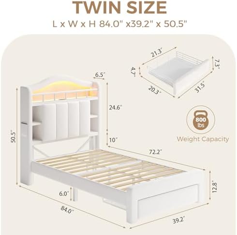 Kids LED Bed Frame with Storage Headboard & 2 Storage Drawers (Twin&Beige)
