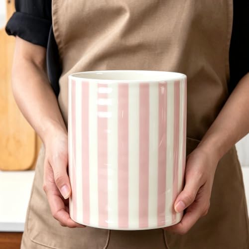Kitchen Utensil Holder,7.2-inch Extra Large Ceramic Stripes Pattern Utensil Crock,Cooking Utensil Organizer for Kitchen Counter Decor,Storage Caddy Farmhouse Gift Yellow Pink