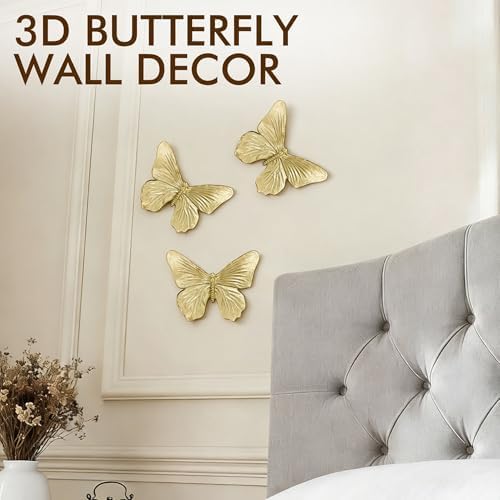 GUSFREUD 3D Butterfly Wall Decor Set – Resin Wall Decor for Living Room, Bedroom, Bathroom, Dining Room, Outdoor and Gallery Walls - Antique Gold - Set of 3