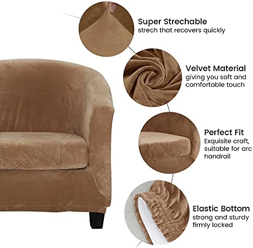 MIFXIN 2-Piece Velvet Tub Chair Covers with Cushion Cover Stretch Soft Washable Barrel Club Chair Slipcover Armchair Sofa Couch Furniture Protector for Living Room Bar Counter Hotel (Camel)
