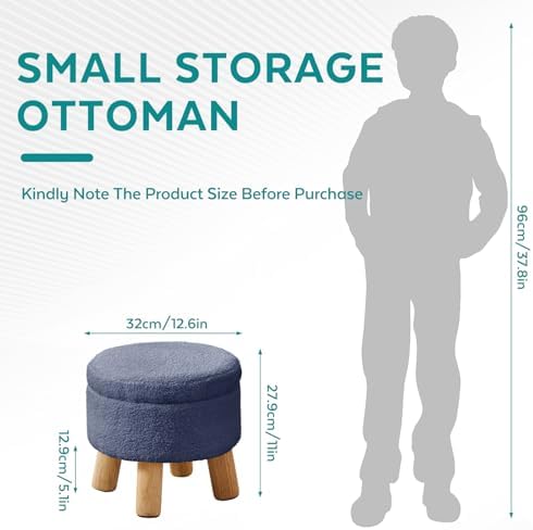 Small Foot Stool Ottoman with Storage, Sherpa Ottoman Foot Rest for Couch, Round Footstool with Storage, Small Ottomans and Footstools for Living Room and Entryway (Navy Blue)