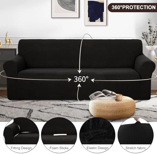 U-NICE HOME 4 Seater Stretch Couch Cover for 3 Cushion Sofa, Black