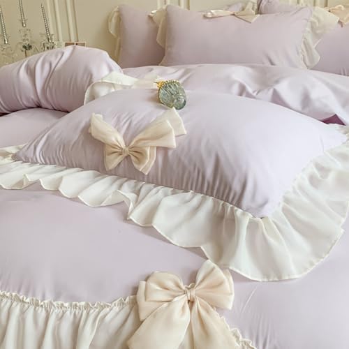 SOUKECHY Girls Lace Bedding,Purple Queen Comforter Cover Set, Chic Ruffled Duvet Cover with Lovely Bow,Princess Style 1 Duvet Cover with 2 Pillowcases, No Comforter,Purple,Queen Size