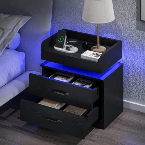 4ever2buy Black Nightstand Set of 2 with Charging Station and LED Lights