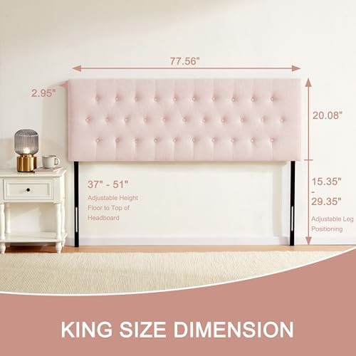 Tufted Upholstered Headboard King Size, Adjustable Height 37- 51 in, Pink