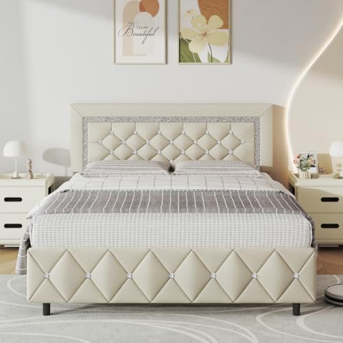 Lullabyre Full Size Bed Frame with Headboard, Faux Leather Bed with Diamond Tufted Design, Bed Frames Full with Wood Slats Support, No Box Spring Required, Easy Assembly, Cream