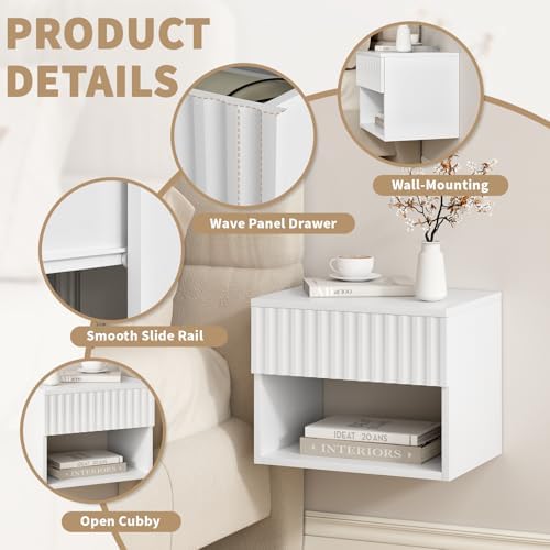 Floating Nightstand Set of 2, Modern Wall Mounted Bedside Tables with Fluted Drawer, Night Stand Small End Table with Open Storage Shelf for Bedroom, Living Room, Small Spaces, White