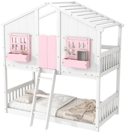 Twin Over Twin House Bunk Bed with Roof and Window, Pink White