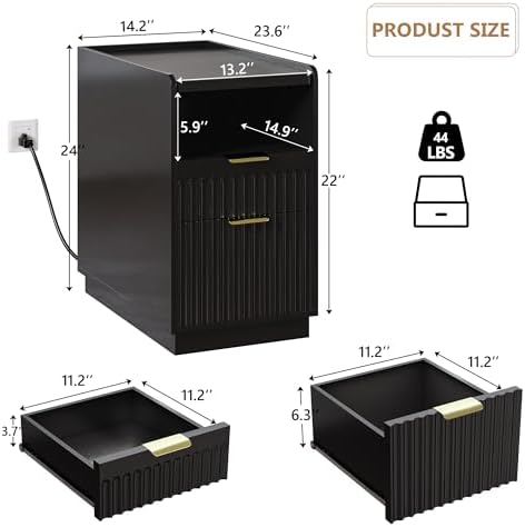 iPormis Fluted Narrow End Table with Charging, 2-Drawer Night Stand, Black