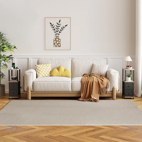 TUTOTAK Small Narrow End Tables, Side Tables with 2 Fabric Drawers, Set of 2, Bedside Tables with Charging Station for Small Spaces, Slim Nightstands with USB Ports and Wheels, TB01BG053