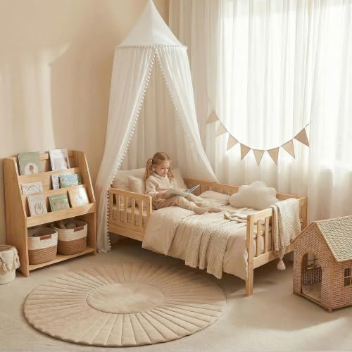 LOAOL Bed Canopy with Pom Pom Kids Reading Nook Hanging Tent (White)