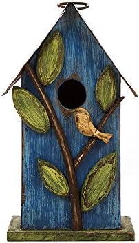 Glitzhome Bird Houses for Outside, 9.7" H Hanging Bird House for Outdoor, Patio Garden Decorative Pet Cottage Distressed Wooden Birdhouse for Bluebird Hummingbird Wren Finch Cardinals, Blue Leaves