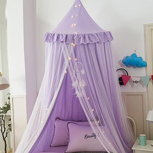 VETHIN Bed Canopy Double Layer Princess Round Dome Dreamy Mosquito Net Bedding Girls Room Castle Play Tent Hanging House Decor Reading Nook Canopies(Purple/White)
