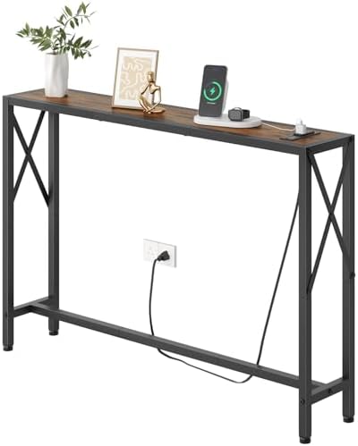 Gewudraw Narrow Console Table with Socket, Sofa Table Behind Couch, Brown