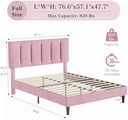 VECELO Full Size Bed Frame with Upholstered Headboard, Velvet & Pink