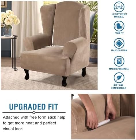 H.VERSAILTEX Wingback Chair Covers Velvet Plush Wing Chair Slipcover 1 Piece High Stretch Wing Back Chair Slipcovers Sofa Cover Furniture Cover with Elastic Bottom, Camel