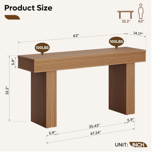 Bestier 63” Entryway Table, Wood Fluted Console Table Behind Couch, Brown
