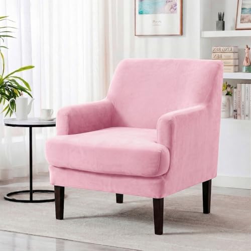 Mid-Century Accent Chair Covers with Cushion Cover Velvet 2 Pieces Upholstered Armchair Slipcovers for Living Room Comfy Sofa Reading Furniture Protector for Apartment Bedroom Office (Pink)